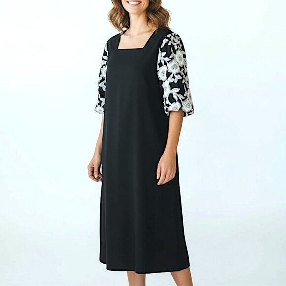 Chico’s Black Midi Dress Embroidered Puff Sleeve 3 (XL) NWT - Picture 1 of 9